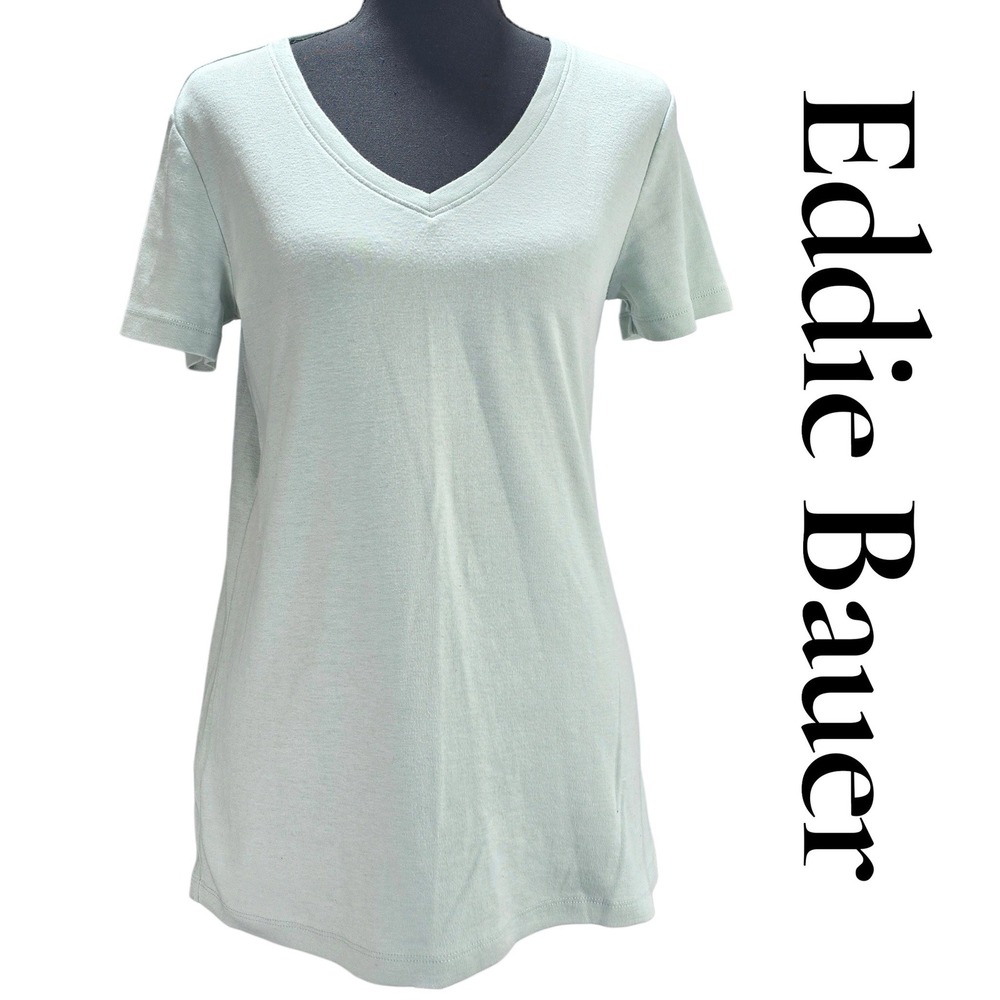 Eddie Bauer T-Shirt Womens L Light Blue Cotton Blend V-Neck Short Sleeve Classic